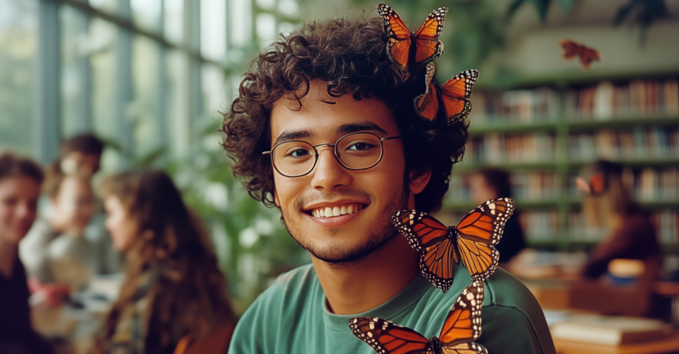 Student mit Brille Schmetterlinge fliegen um ihn herum