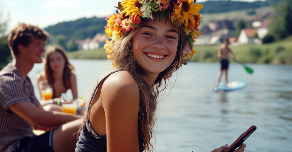 lächelndes Mädchen mit Blumenkranz